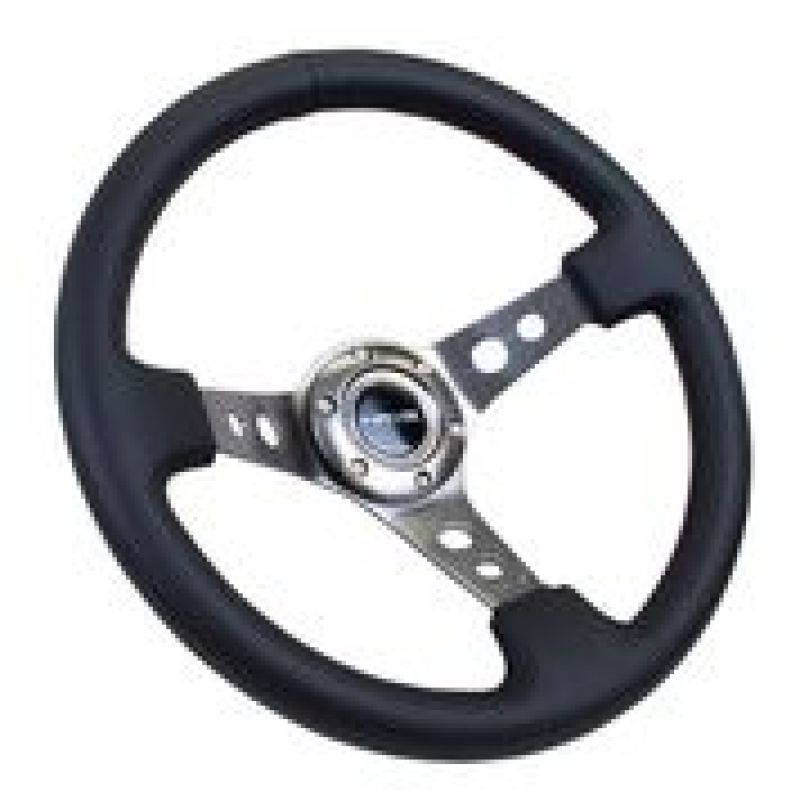 NRG Reinforced Steering Wheel (350mm / 3in. Deep) Blk Leather w/Gunmetal Circle Cutout Spokes
