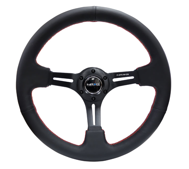 NRG Reinforced Steering Wheel (350mm / 3in. Deep) Black Leather/Red Stitch & Blk 3-Spoke w/Slits