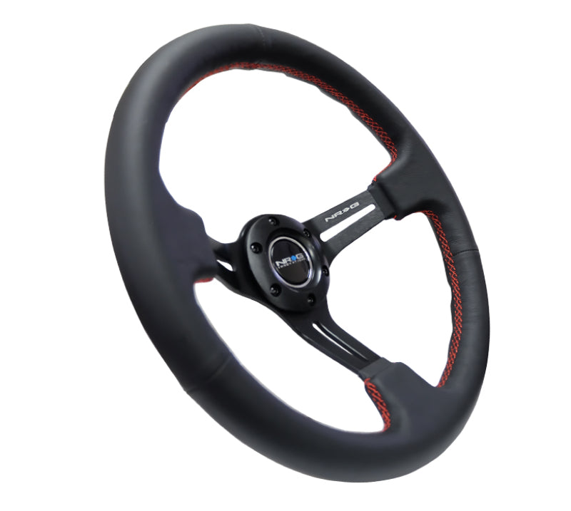 NRG Reinforced Steering Wheel (350mm / 3in. Deep) Black Leather/Red Stitch & Blk 3-Spoke w/Slits