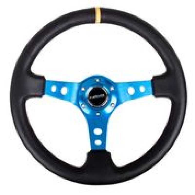 NRG Reinforced Steering Wheel (350mm / 3in. Deep) Blk Leather w/Blue Circle Cutout Spokes