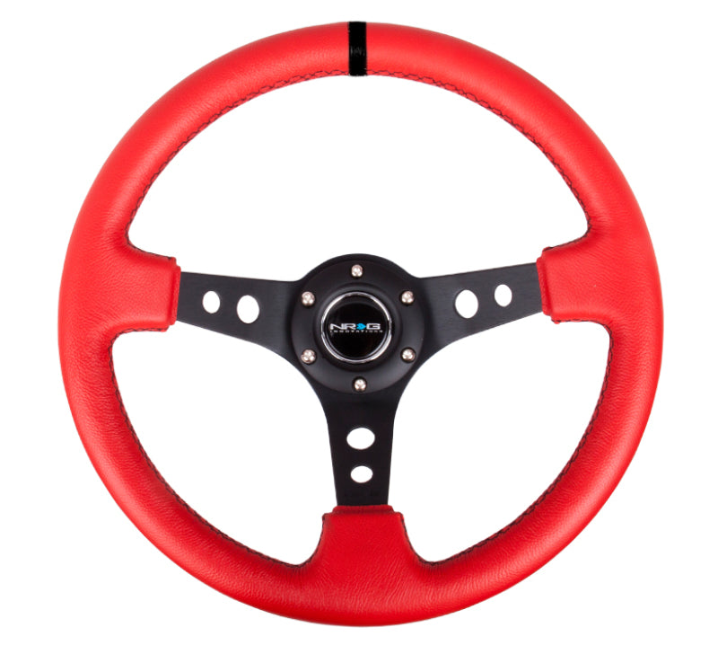NRG Reinforced Steering Wheel (350mm / 3in. Deep) Red Suede w/Blk Circle Cutout Spokes