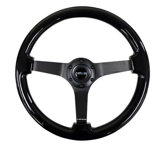 NRG Reinforced Steering Wheel (350mm / 3in. Deep) Black w/Black Chrome Solid 3-Spoke Center