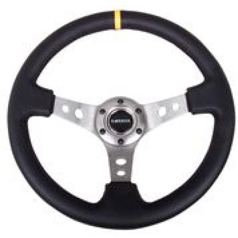 NRG Reinforced Steering Wheel (350mm / 3in. Deep) Blk Leather w/Gunmetal Cutout Spoke & Yellow CM